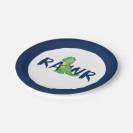 Navy Blue "RAWR" Green Dinosaur Party Papieren Bordje