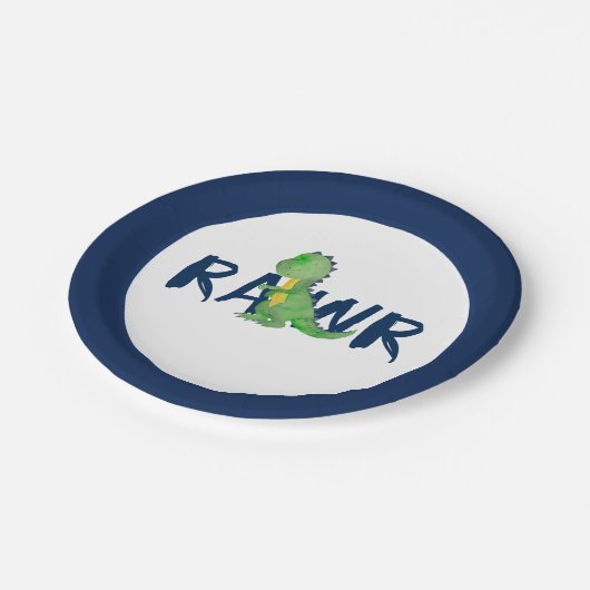 Navy Blue "RAWR" Green Dinosaur Party Papieren Bordje (Gekanteld)