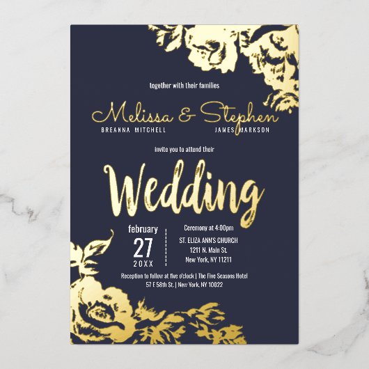 Navy Blue Real Gold Floral Wedding Folie Uitnodiging (Voorkant)