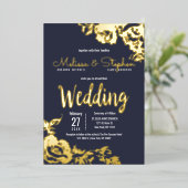 Navy Blue Real Gold Floral Wedding Folie Uitnodiging (Staand Voorkant)