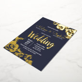 Navy Blue Real Gold Floral Wedding Folie Uitnodiging (Gedraaid)