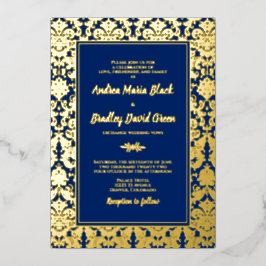 Navy Blue Real Gold Foil Damask Wedding Folie Uitnodiging