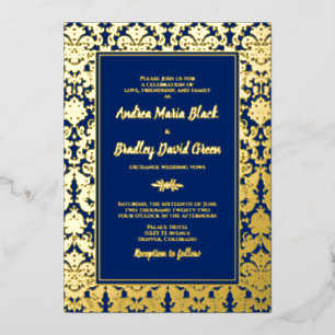 Navy Blue Real Gold Foil Damask Wedding Folie Uitnodiging