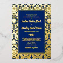 Navy Blue Real Gold Foil Damask Wedding