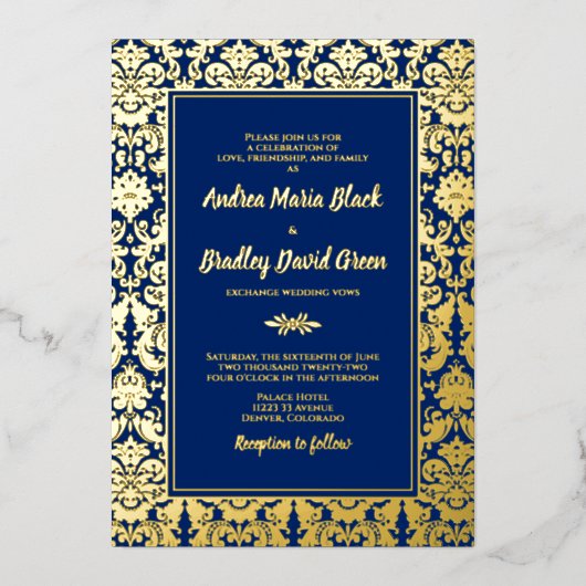 Navy Blue Real Gold Foil Damask Wedding Folie Uitnodiging (Voorkant)