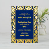 Navy Blue Real Gold Foil Damask Wedding Folie Uitnodiging (Staand Voorkant)