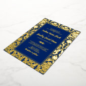 Navy Blue Real Gold Foil Damask Wedding Folie Uitnodiging (Gedraaid)