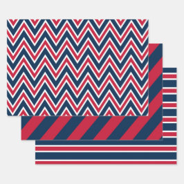 Navy Blue, Red, and White Chevron & Stripe Pattern Inpakpapier Vel