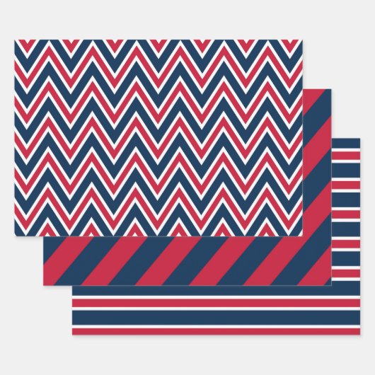 Navy Blue, Red, and White Chevron & Stripe Pattern Inpakpapier Vel (Set)