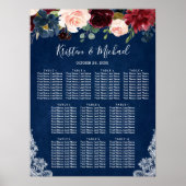 Navy Blue Red Blush Floral Wedding Seating Chart Poster (Voorkant)