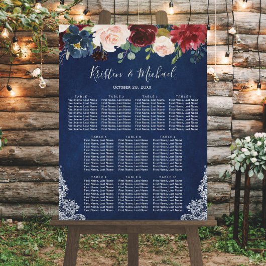 Navy Blue Red Blush Floral Wedding Seating Chart Poster