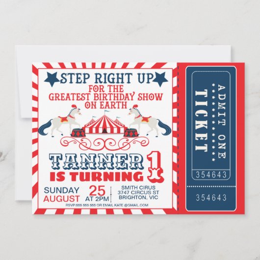 Navy Blue Red Circus Ticket Circus Tent Birthday Kaart (Voorkant)