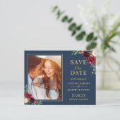 Navy Blue Red Floral Foto slaat de datum op Briefkaart (Staand voorkant)