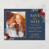 Navy Blue Red Floral Foto slaat de datum op Briefkaart (Voorkant)