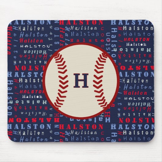 Navy Blue, Red Monogram Kinder honkbal Muismat (Voorkant)