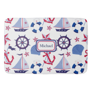 Navy Blue Red Nautical Kind Bath Mat