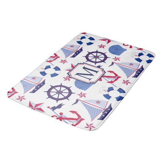 Navy Blue Red Nautical Monogram Badmat (Gekanteld)