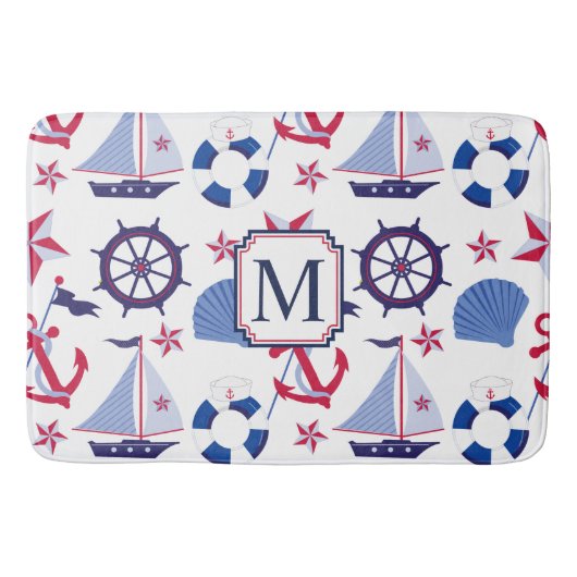 Navy Blue Red Nautical Monogram Badmat (Voorkant)