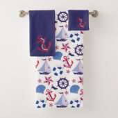 Navy Blue Red Nautical Pattern Bad Handdoek (Insitu)