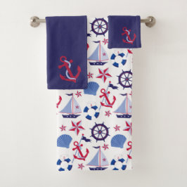 Navy Blue Red Nautical Pattern Bad Handdoek