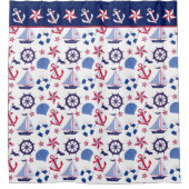 Navy Blue Red Nautical Pattern Douchegordijn (Voorkant)