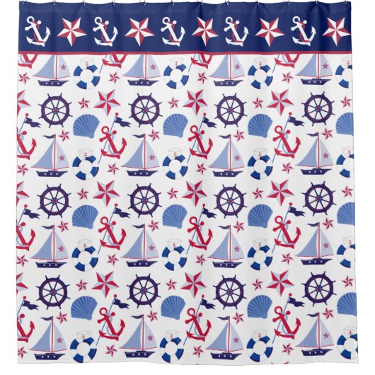 Navy Blue Red Nautical Pattern Douchegordijn (Voorkant)