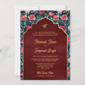 Navy Blue Red Roses Foto Anand Karaj Sikh Bruiloft Kaart (Voorkant)