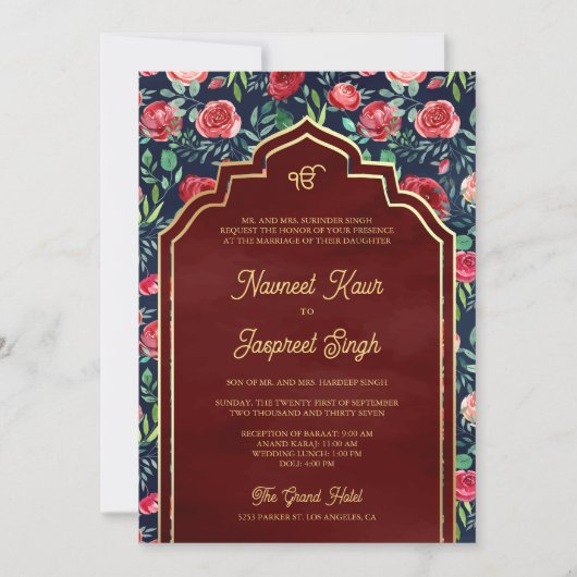Navy Blue Red Roses Foto Anand Karaj Sikh Bruiloft Kaart (Voorkant)