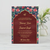 Navy Blue Red Roses Foto Anand Karaj Sikh Bruiloft Kaart (Staand voorkant)