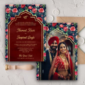 Navy Blue Red Roses Foto Anand Karaj Sikh Bruiloft Kaart