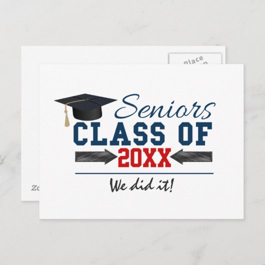 Navy Blue Red Typography Afstuderen briefkaart (Voorkant / Achterkant)