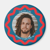 Navy Blue Red Wavy Circle Photo Frame with Text Magneet (Voorkant)