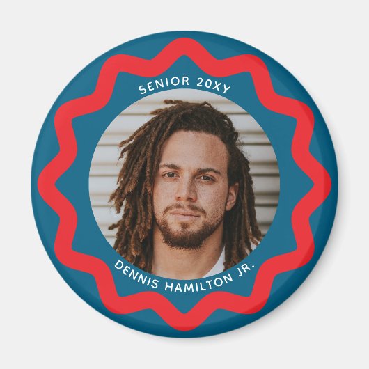 Navy Blue Red Wavy Circle Photo Frame with Text Magneet (Voorkant)