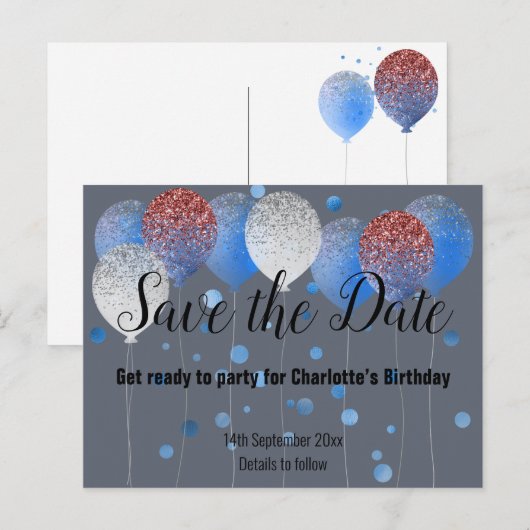 NAVY BLUE RED WHITE BALLOONS BEWAREN DE DATUM AANKONDIGINGSKAART (Voorkant / Achterkant)