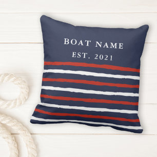 Navy Blue Red White Stripes Boat Name Nautical Kussen