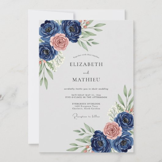 Navy Blue Refined Botanical Wedding Kaart (Voorkant)