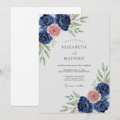 Navy Blue Refined Botanical Wedding Kaart (Voorkant / Achterkant)