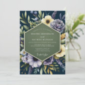 Navy Blue Regal Botanical Wedding Kaart (Staand voorkant)