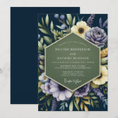 Navy Blue Regal Botanical Wedding Kaart (Voorkant / Achterkant)