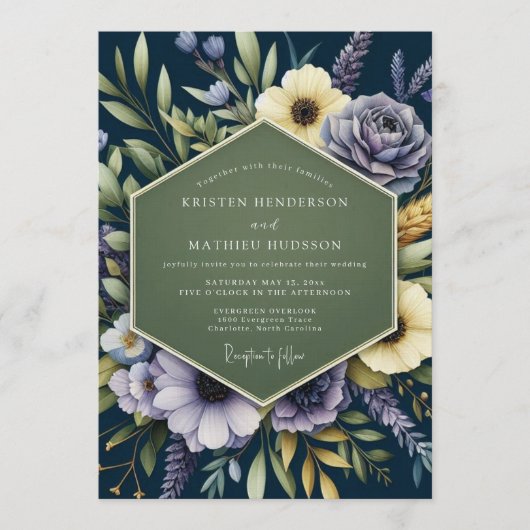 Navy Blue Regal Botanical Wedding Kaart (Voorkant)