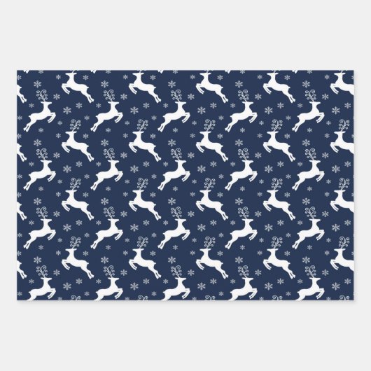Navy Blue Reindeer, kerstboom en Holly Pattern Inpakpapier Vel (Voorkant 3)
