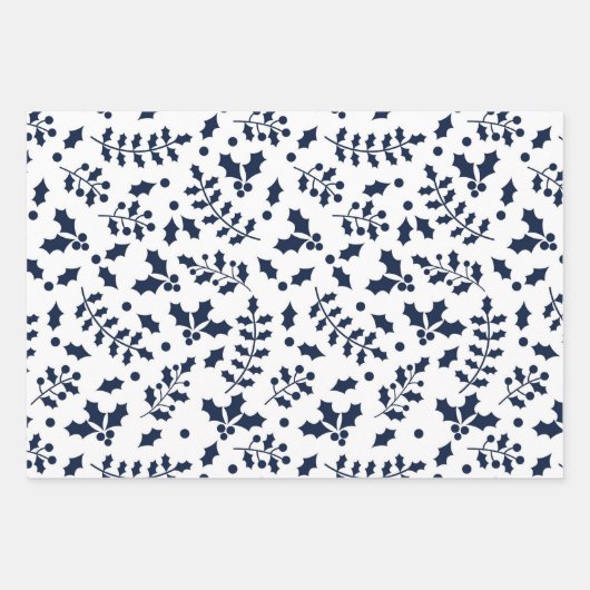 Navy Blue Reindeer, kerstboom en Holly Pattern Inpakpapier Vel (Voorkant 2)