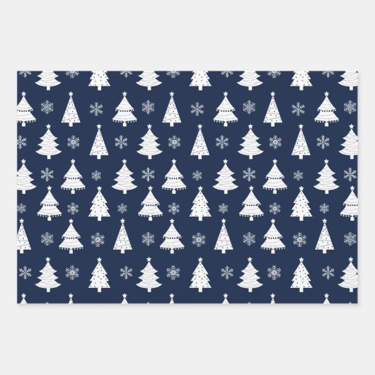 Navy Blue Reindeer, kerstboom en Holly Pattern Inpakpapier Vel (Voorkant)