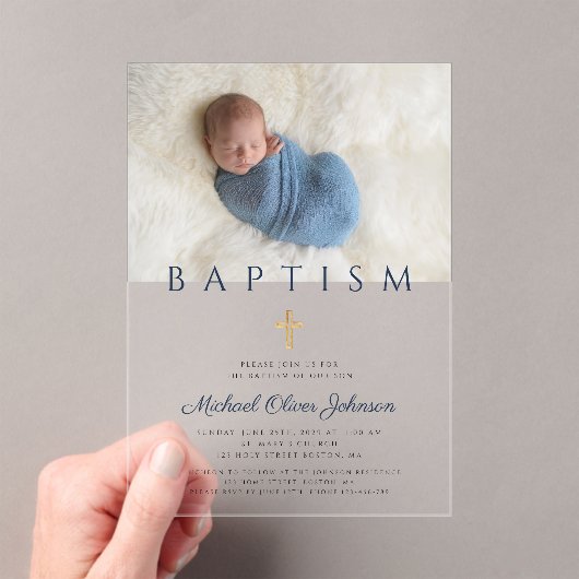 Navy Blue Religious Cross Boy Baptism Foto Acryl Uitnodigingen (Insitu (Draagbaar))