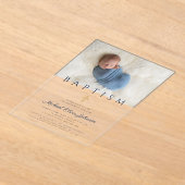 Navy Blue Religious Cross Boy Baptism Foto Acryl Uitnodigingen (Laagn)