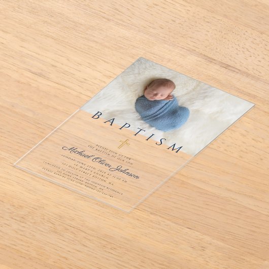 Navy Blue Religious Cross Boy Baptism Foto Acryl Uitnodigingen (Laagn)