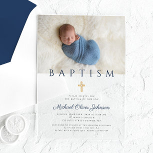 Navy Blue Religious Cross Boy Baptism Foto Acryl Uitnodigingen