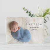 Navy Blue Religious Cross Boy Baptism Foto Kaart (Staand voorkant)