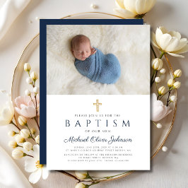Navy Blue Religious Cross Boy Baptism Foto Kaart