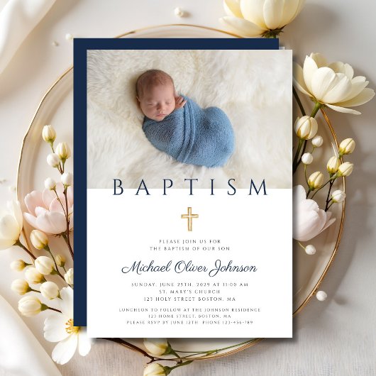 Navy Blue Religious Cross Boy Baptism Foto Kaart